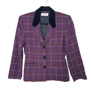 Vintage Talbots Blazer size 4P Purple Red Plaid Wool Velvet Trim Jacket Academic